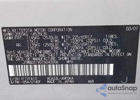 2007 Toyota Rav4 Limited from USA, damaged, VIN JTMBD31V076042006